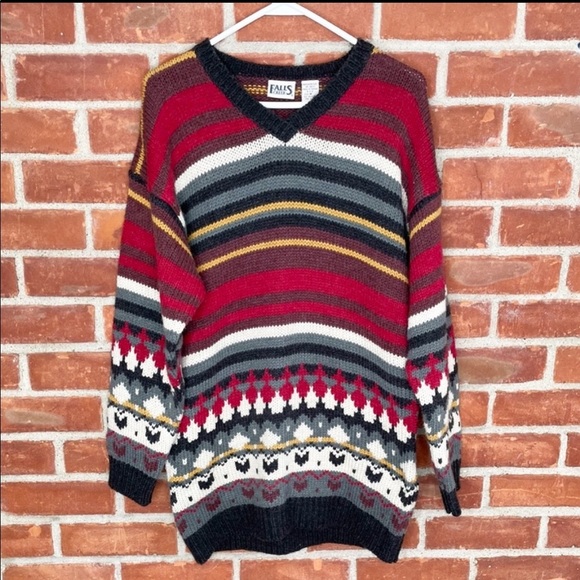 Vintage Sweaters - Vintage 90s chunky knit oversized patterned print V-neck sweater